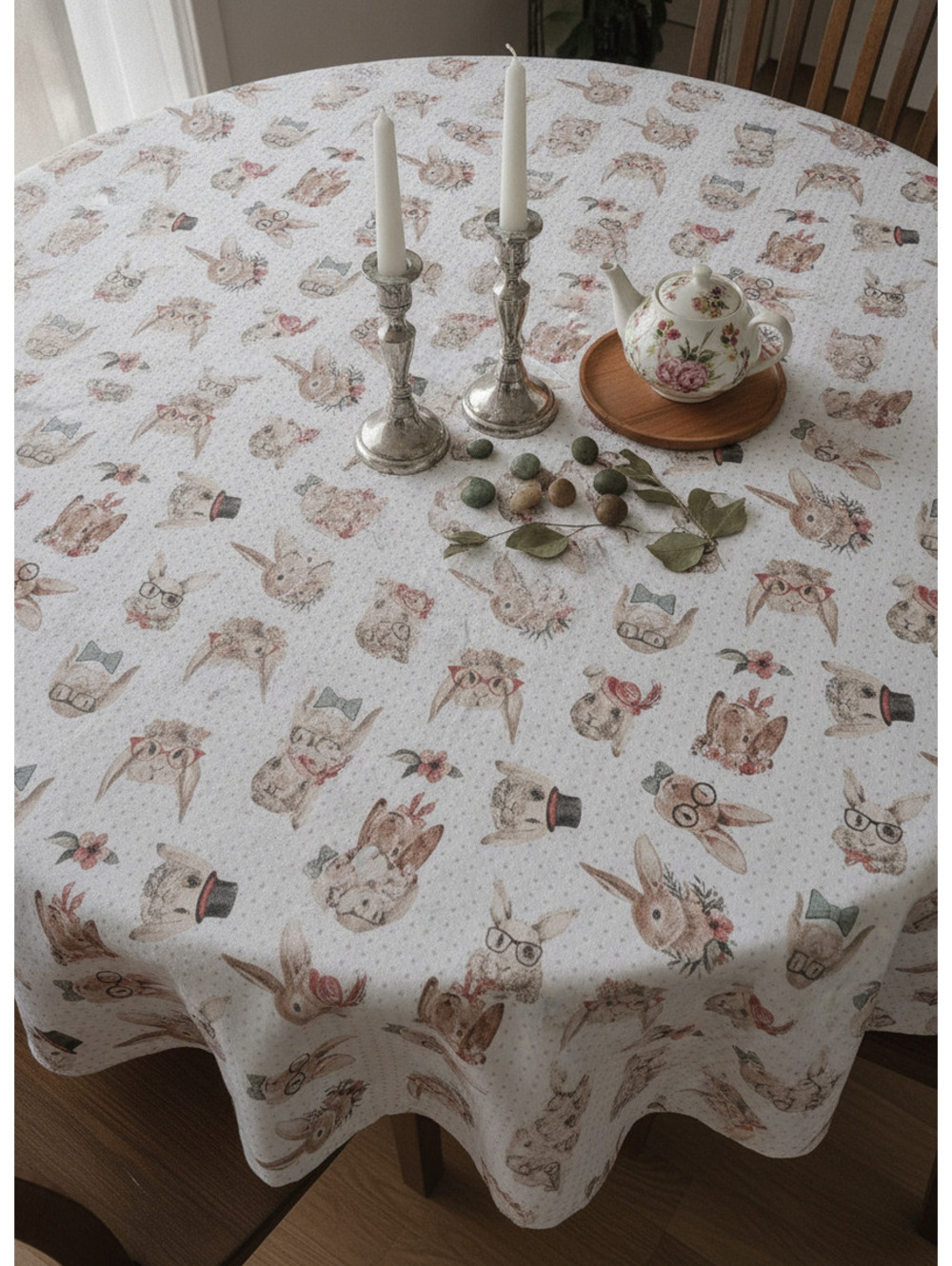 Hipster Rabbit Cotton Bowtie Top Hat Bunny Polka Dot 70" x 60" Round tablecloth